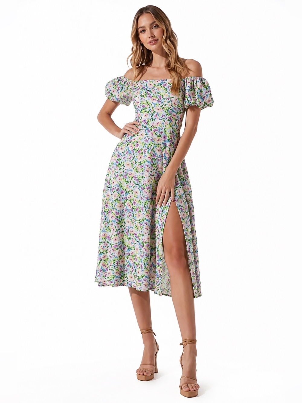ASTR the Label Flourishing Perfection Puff Sleeve Midi Dress